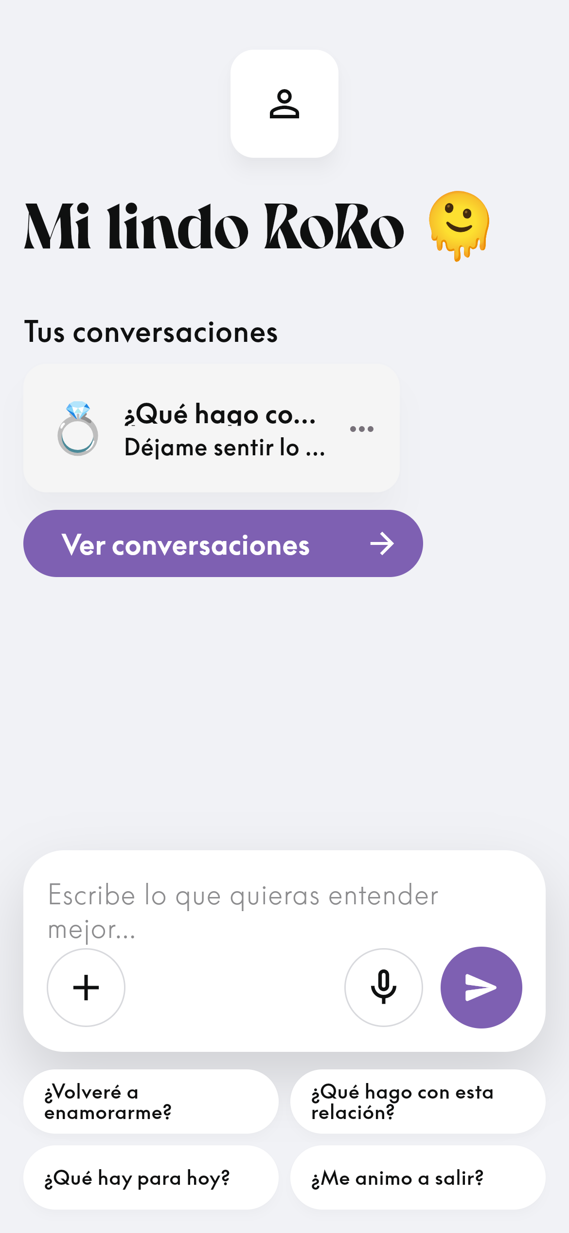 Yinea home screen showing an ongoing conversation and suggested questions