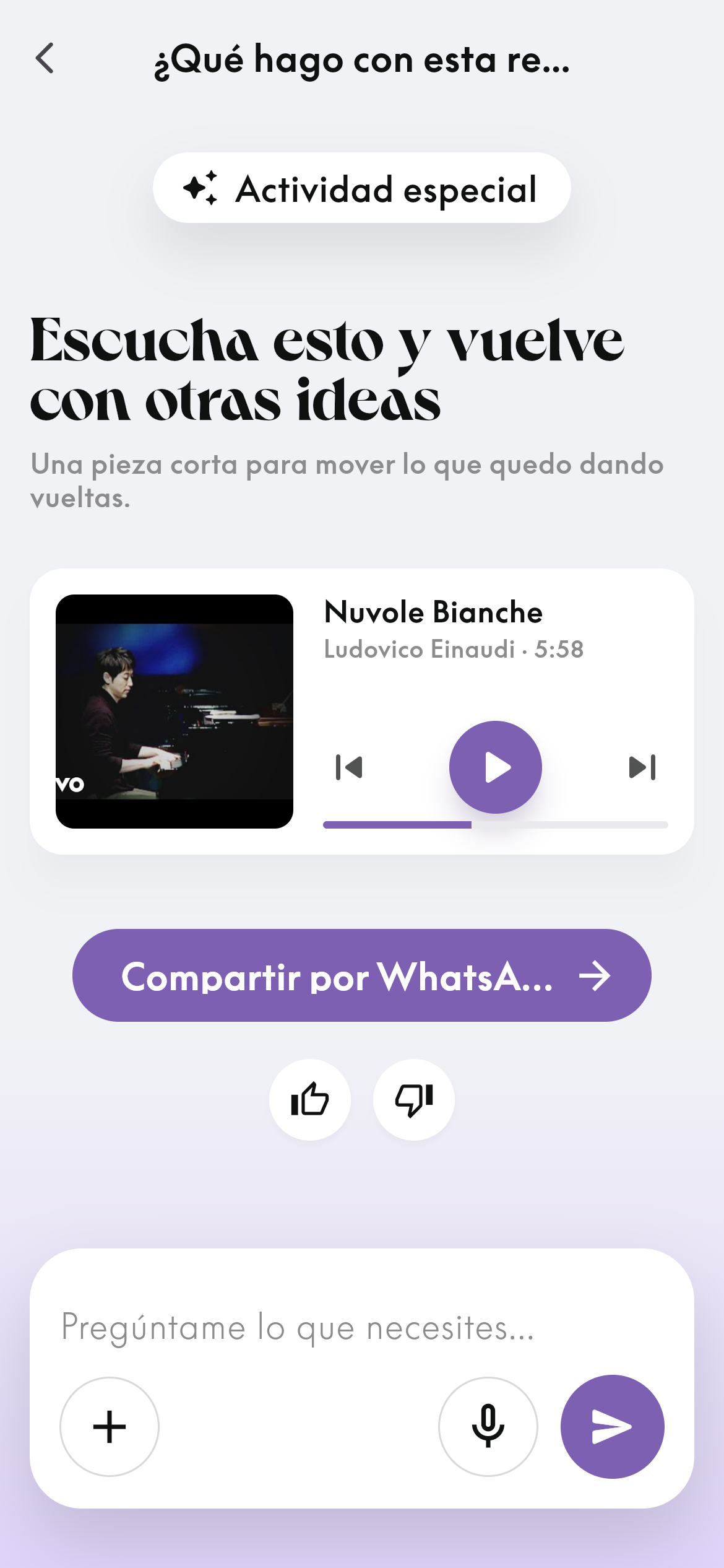 Yinea special activity screen offering music and a reflective follow-up